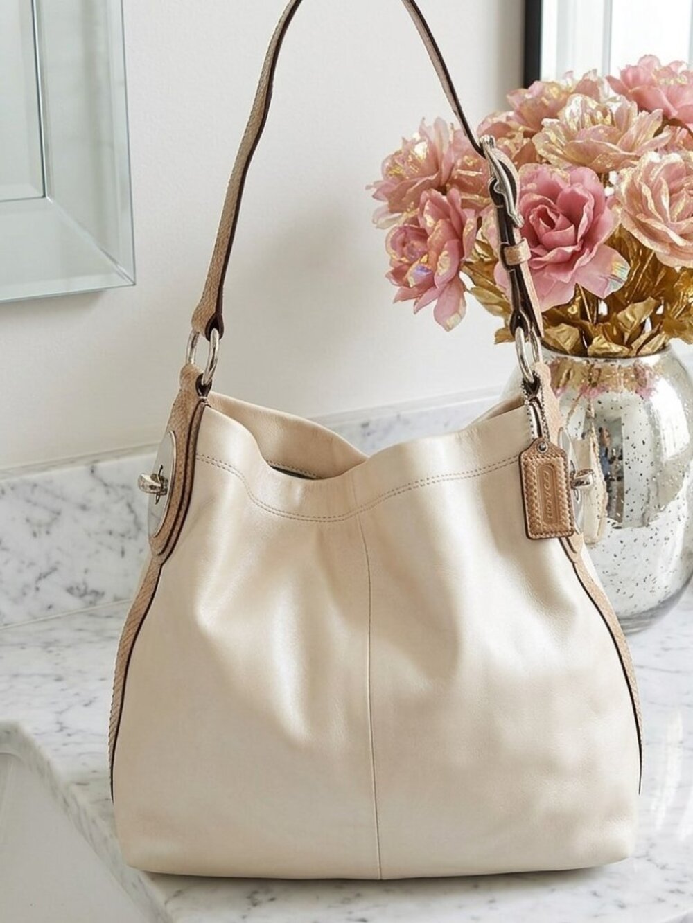 Coach Ivory Pearlized Leather Hobo with Python Embossed Trim
